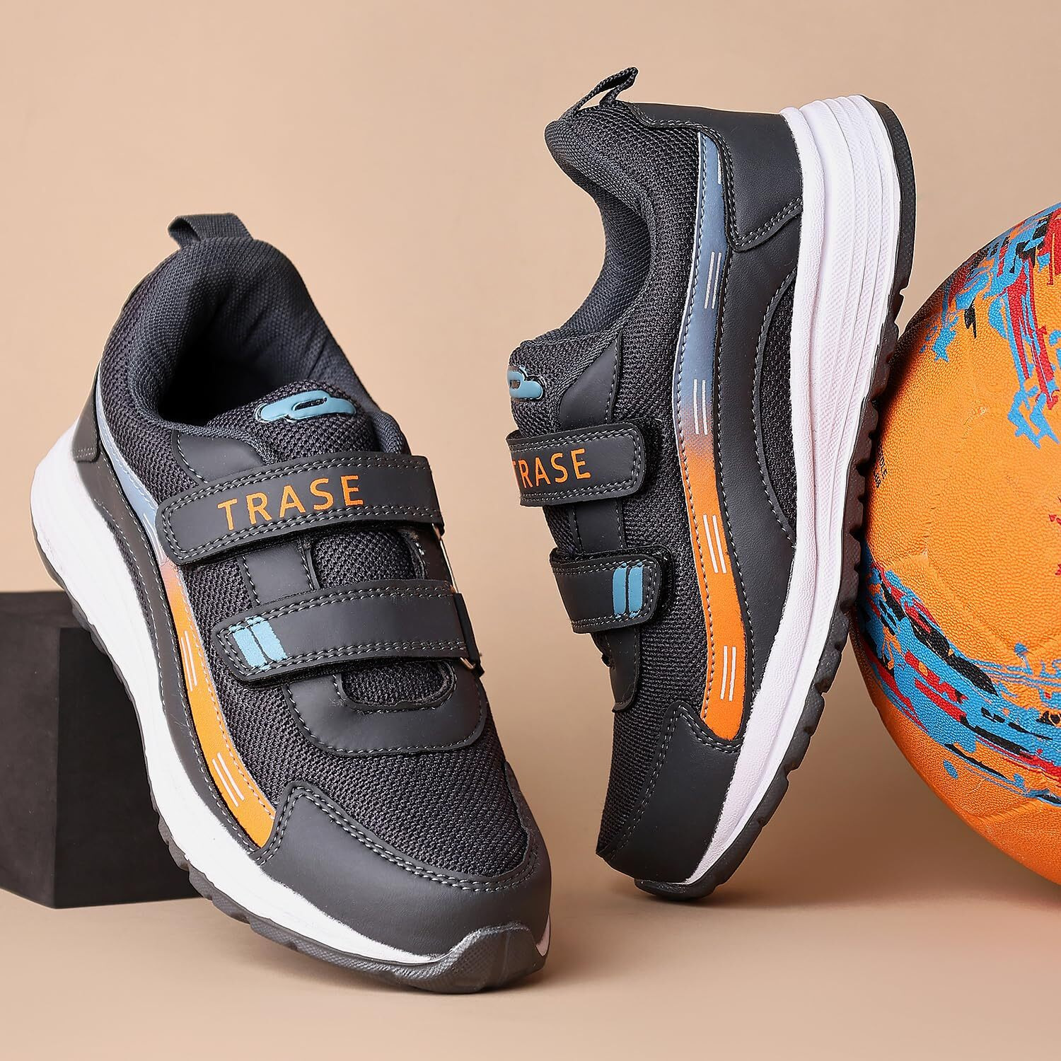 Trase Kids Boys Sports Shoes | Running, Walking, All Day Casual Wear With Hook & Loop Design (Grey-Orange, 12C Uk)