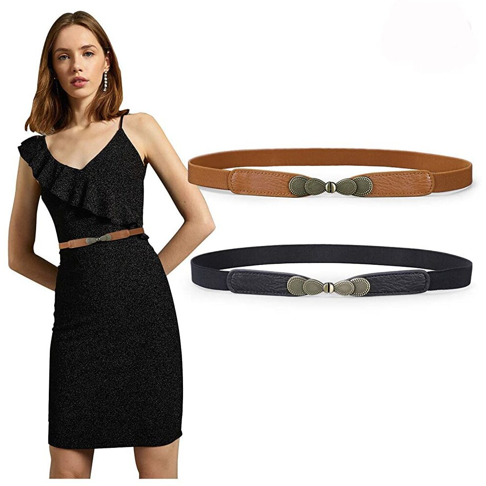 Palay Waist Belts For Women Dresses Stylish Leather Skinny Belt For Girls, Women Vintage Metal Buckle Retro Elastic Hip Belt Women Leather Belt Stretch Casual Belt For Women, (Black & Brown) - 2 Pcs