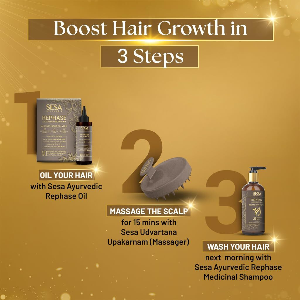 Sesa Ayurvedic Rephase 2 Step Hair Oil Kit And Rephase Shampoo 300Ml With 26 Herbs And 6 Essential Oils Help Control Hair Fall & Strengthen Roots With Massager Hair Combo For Women And Men