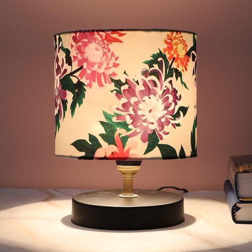Tu Casa Black Metal Table Lamp For Home Decoration, Bedroom, Living Room, Lounge, Office, Festival Gifting, Study Table (Carnation Print With Satin Shade) H - 9" / No Blub