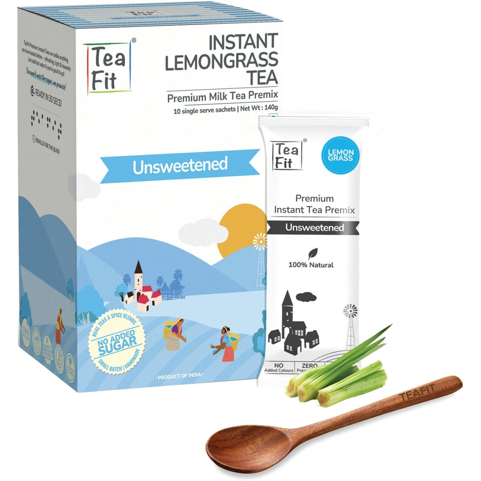 Teafit Premium Unsweetened Lemongrass Instant Tea Premix Monthly Pack Of 30 Sachets + Spoon | Just Add Water | Strong Home Like Chai Tea | Diabetic Friendly | No Sweeteners, 420 Gm