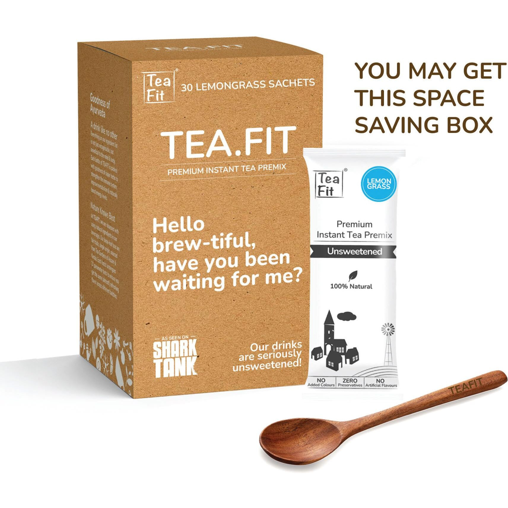 Teafit Premium Unsweetened Lemongrass Instant Tea Premix Monthly Pack Of 30 Sachets + Spoon | Just Add Water | Strong Home Like Chai Tea | Diabetic Friendly | No Sweeteners, 420 Gm
