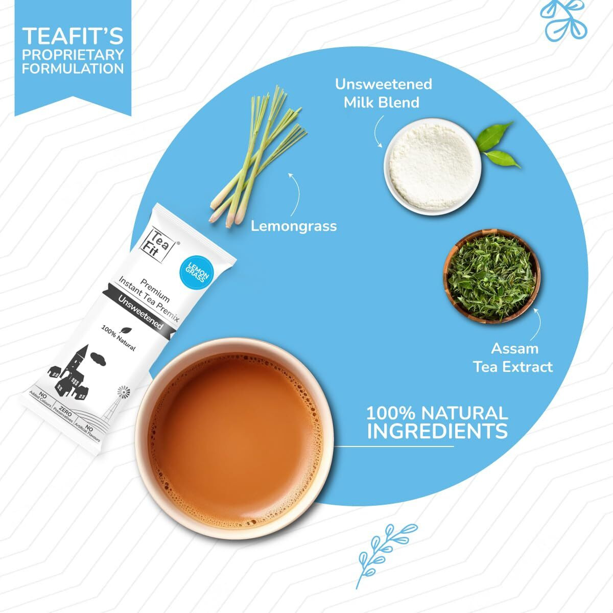 Teafit Premium Unsweetened Lemongrass Instant Tea Premix Monthly Pack Of 30 Sachets + Spoon | Just Add Water | Strong Home Like Chai Tea | Diabetic Friendly | No Sweeteners, 420 Gm