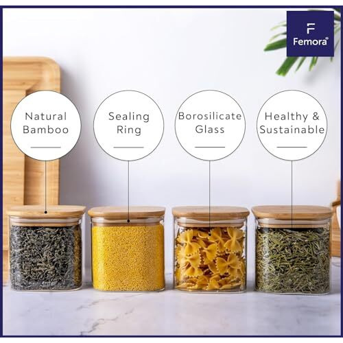 Femora Borosilicate Glass Jars With Wooded Lid| 1 Year Warranty| Multipurpose Airtight Storage Jar For Cookies, Snacks, Spices| Glass Jar 1000Ml| Set Of 4| Transparent Glass Jars For Kitchen Storage