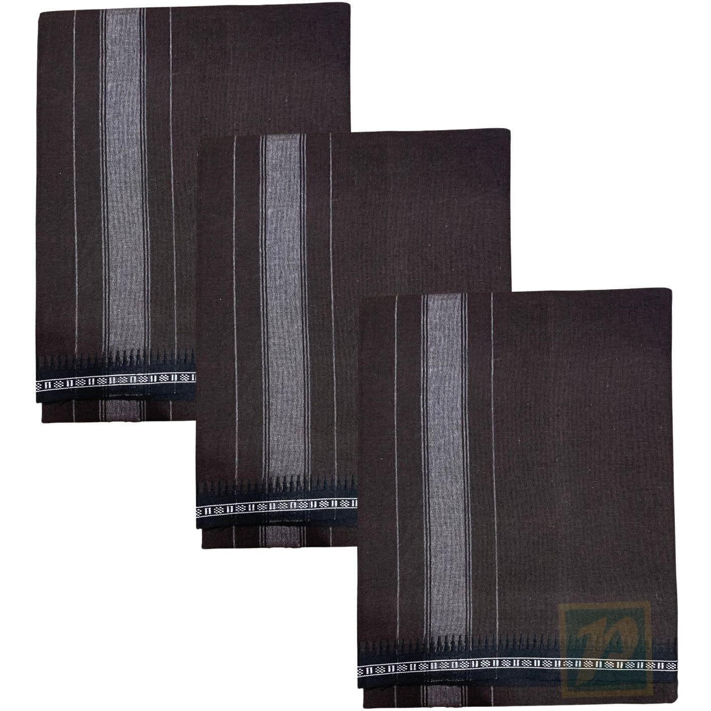 Prakasam Cotton Mens Single (1.28 X 2.00 Mtrs) Colour Thalapathi Border Dhoties/Fine Quality Single Dhoties (Coffee Brown) Pack Of 3 Dhoties