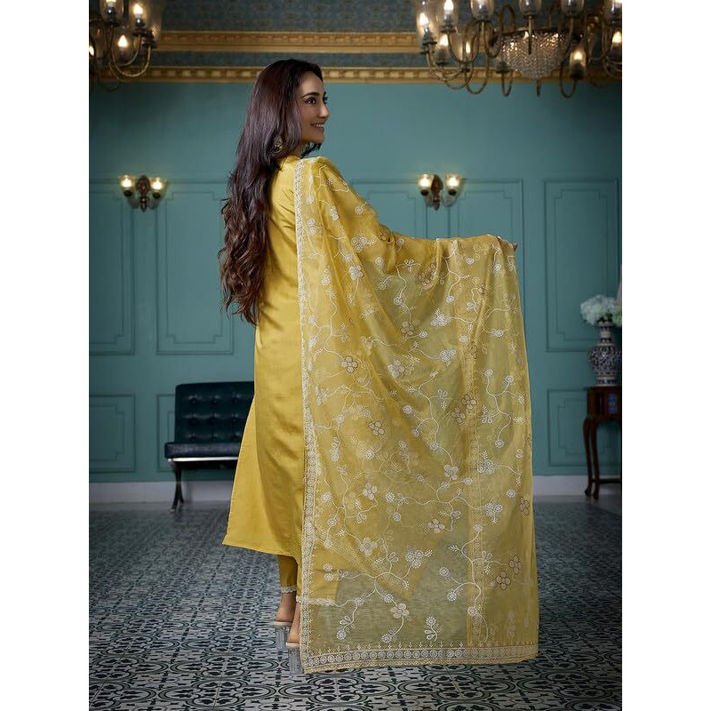 Royal Export Women's Chanderi Ethnic Motifs Embroidered Straight Kurta Pant With Dupatta (Rx153-Surbhiyelo-Skd_Yellow_S)