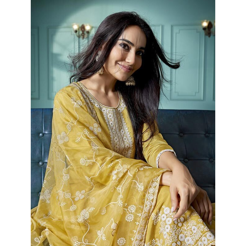 Royal Export Women's Chanderi Ethnic Motifs Embroidered Straight Kurta Pant With Dupatta (Rx153-Surbhiyelo-Skd_Yellow_S)