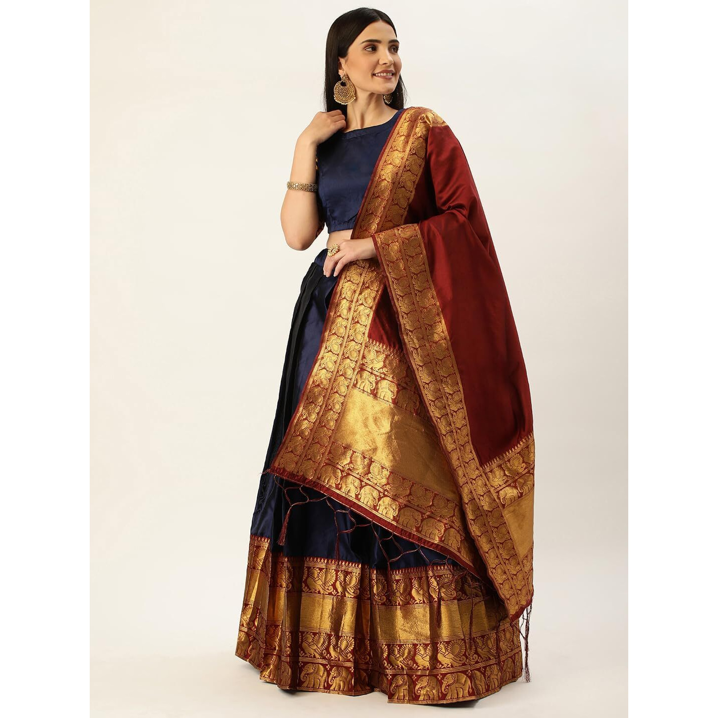 Zerico Women's Indian Traditional Kanjivaram Kanchipuram Silk Pure Zari Weaving Lehenga Choli And Havay Zari Work Dupatta With Blouse (All Unstitched) (Half Saree) (Blue-)