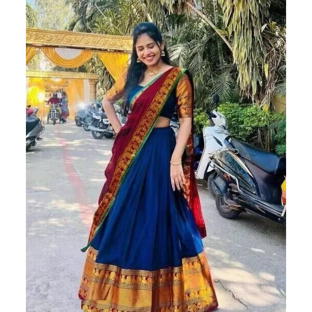Zerico Women's Indian Traditional Kanjivaram Kanchipuram Silk Pure Zari Weaving Lehenga Choli And Havay Zari Work Dupatta With Blouse (All Unstitched) (Half Saree) (Blue-)