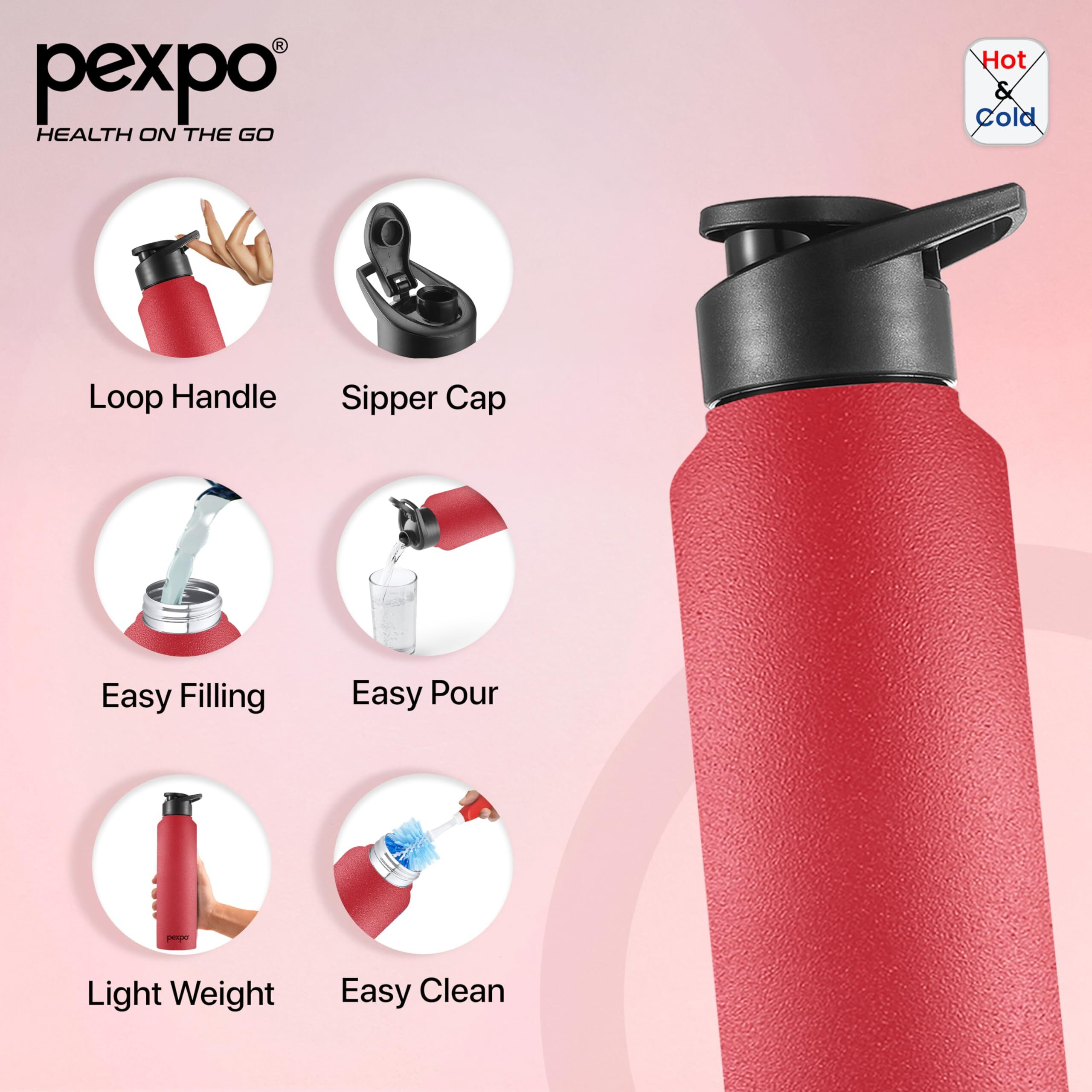 Pexpo Chromo Stainless Steel Sports/Fridge Sipper Water Bottle 750Ml, Crimson Red Pack Of 4 | Eco Friendly | Bpa Free | Water Bottle For Office, Gym, School, Yoga, Trekking, Men, Women And Kids
