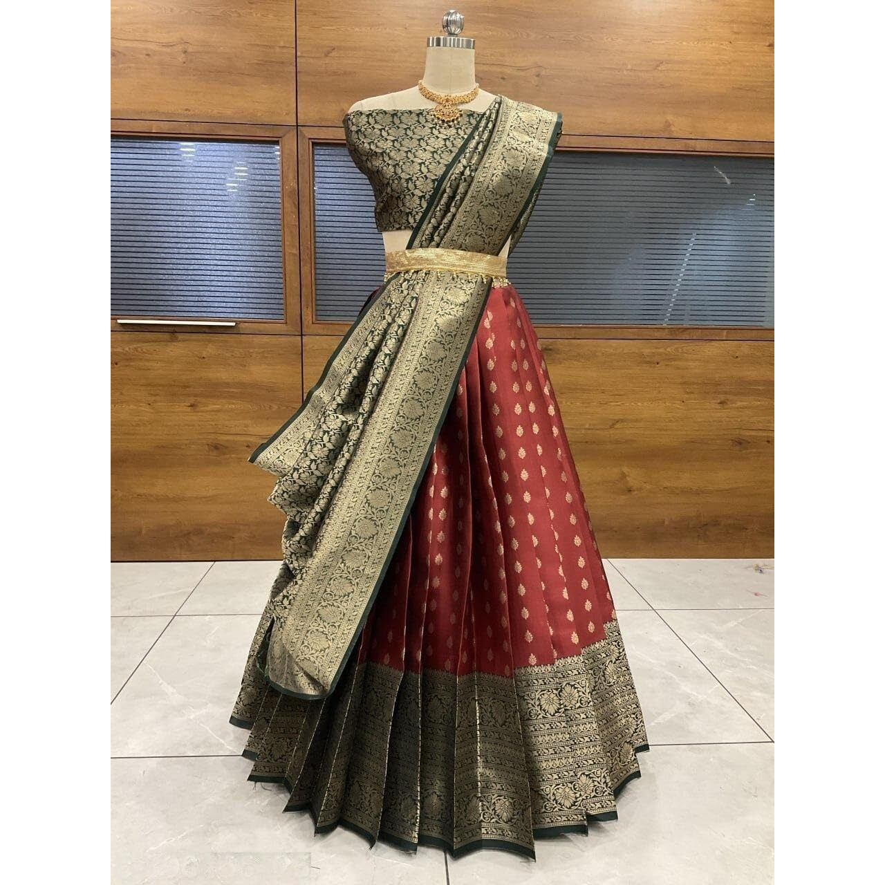 Zerico Women's Indian Traditional Kanjivaram Kanchipuram Silk Pure Zari Weaving Lehenga Choli And Havay Zari Work Dupatta With Blouse (All Unstitched) (Half Saree) (Marron-Green)