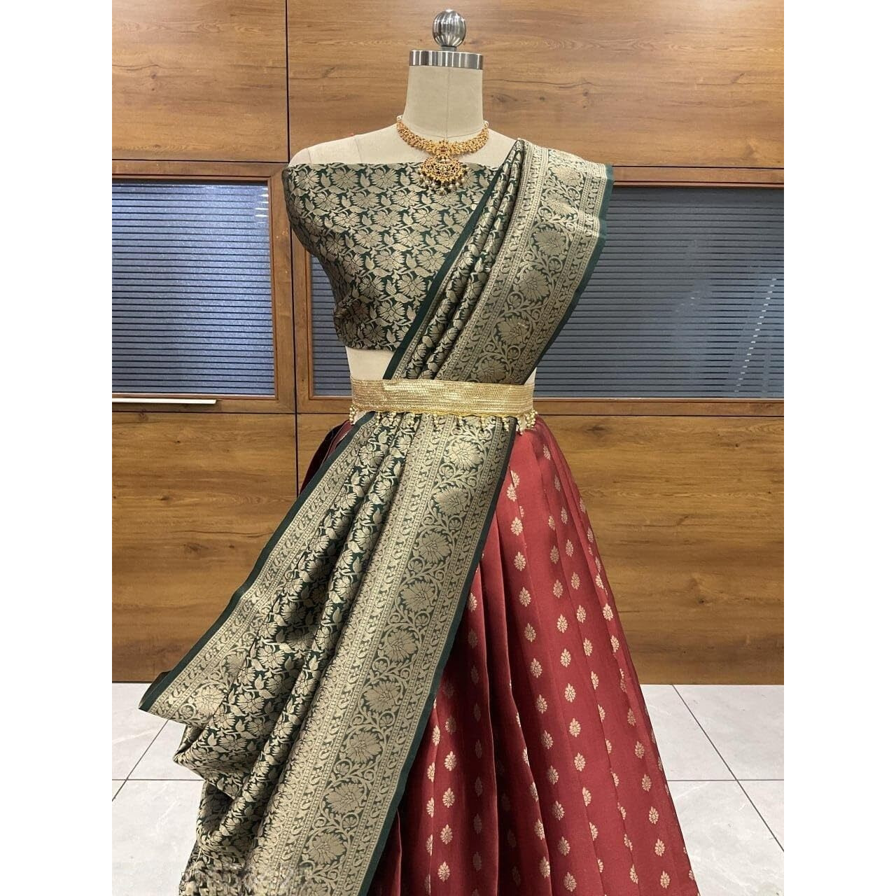 Zerico Women's Indian Traditional Kanjivaram Kanchipuram Silk Pure Zari Weaving Lehenga Choli And Havay Zari Work Dupatta With Blouse (All Unstitched) (Half Saree) (Marron-Green)