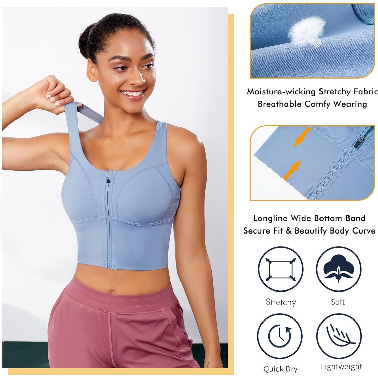Glamoras Women Polyester Spandex High Impact Front Zip Sports Bra Longline Fitness Criss Cross Back Crop Tops Tank Gym Yoga Workout, Size M-4Xl Sky Blue