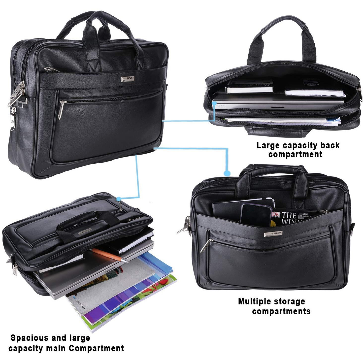 Zipline Office Faux Leather Laptop Bag For Men - Fits 14/15/15.6 Inch Laptop/Tablet Messenger Bags For Mens (1-Black Bag)