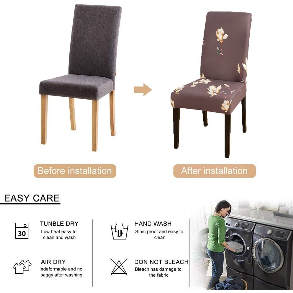 Styleys Polyester Floral Washable Elastic Dining Chair Cover Slipcovers (Set Of 8, Mangolia Flower Coffee, Slmc168)