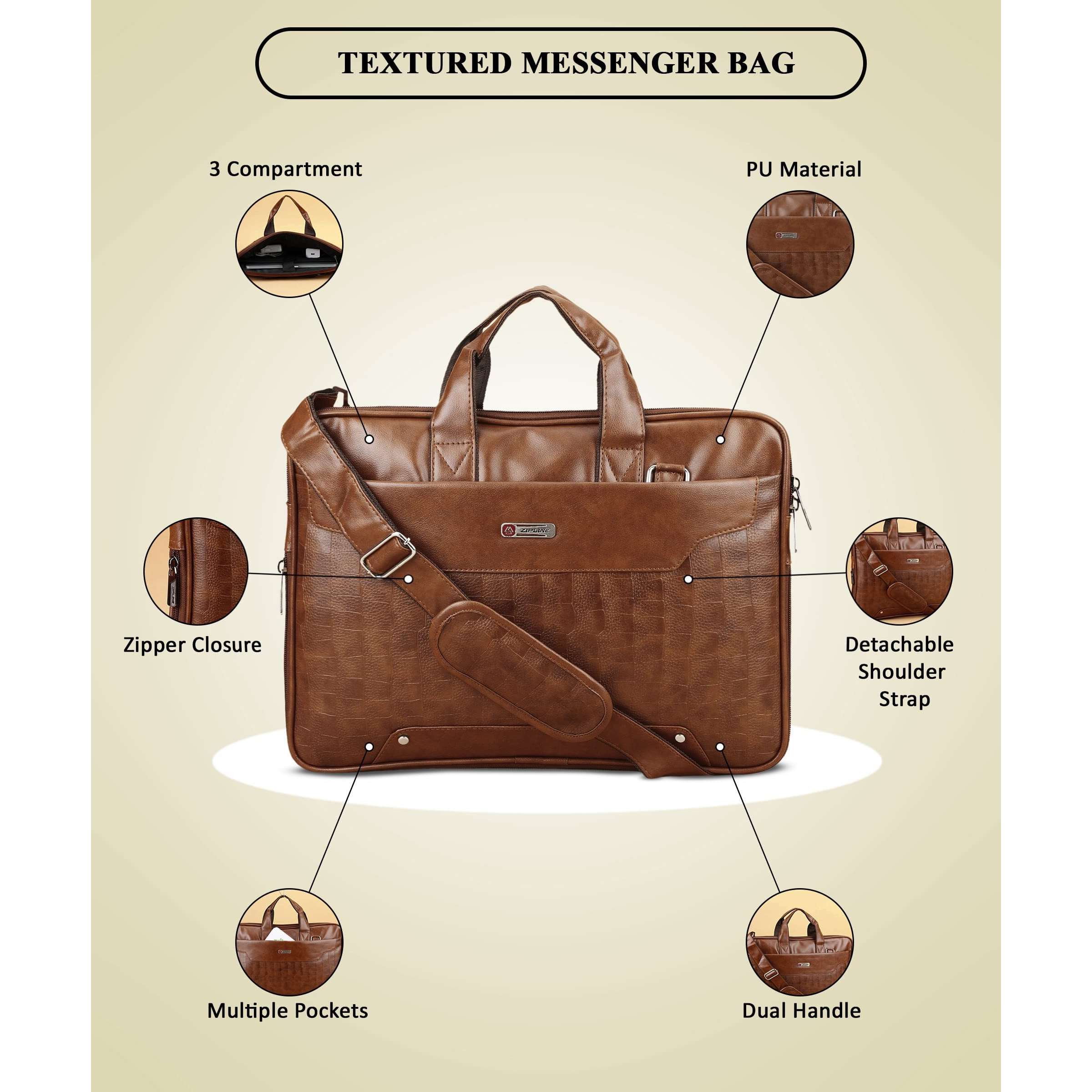 Zipline Office Faux Leather Laptop Bag For Men - Fits 14/15.6/16 Inch Laptop Messenger Bags For Mens (1-Tan Bag)