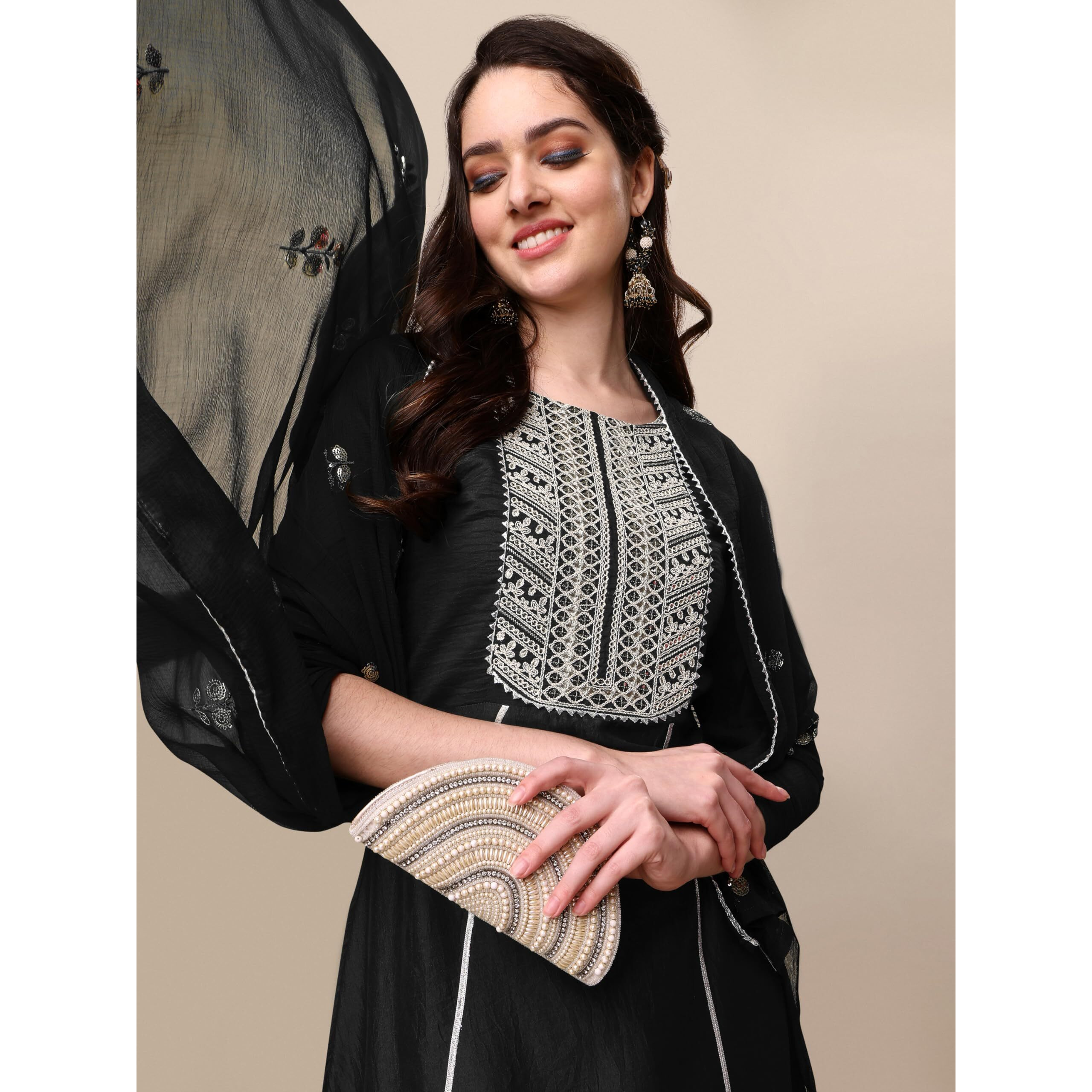 Ethnicjunction Women's Cotton Silk Eid Special Embroidered Kurta Palazzo And Dupatta Set | Eid Outfits For Women Black