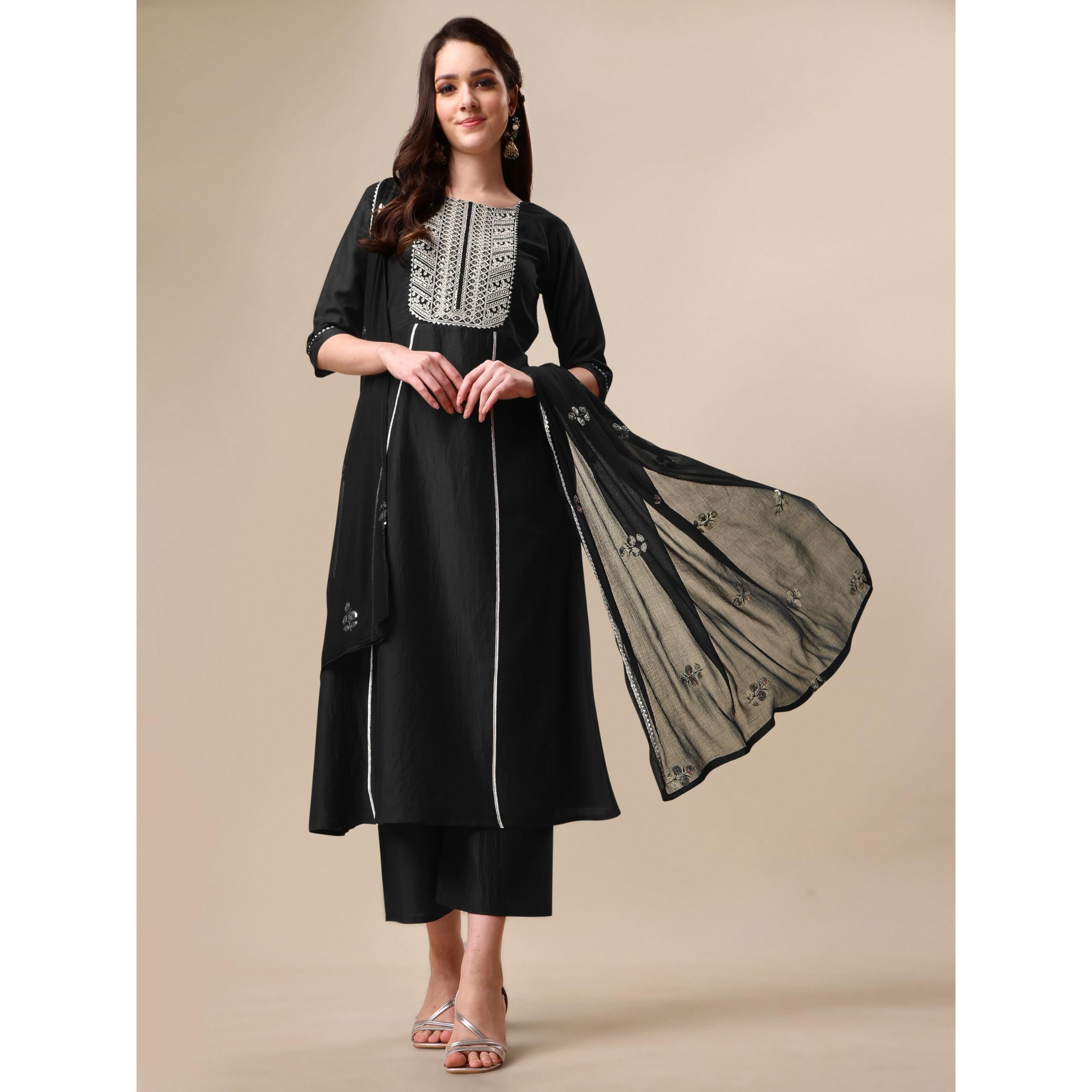 Ethnicjunction Women's Cotton Silk Eid Special Embroidered Kurta Palazzo And Dupatta Set | Eid Outfits For Women Black
