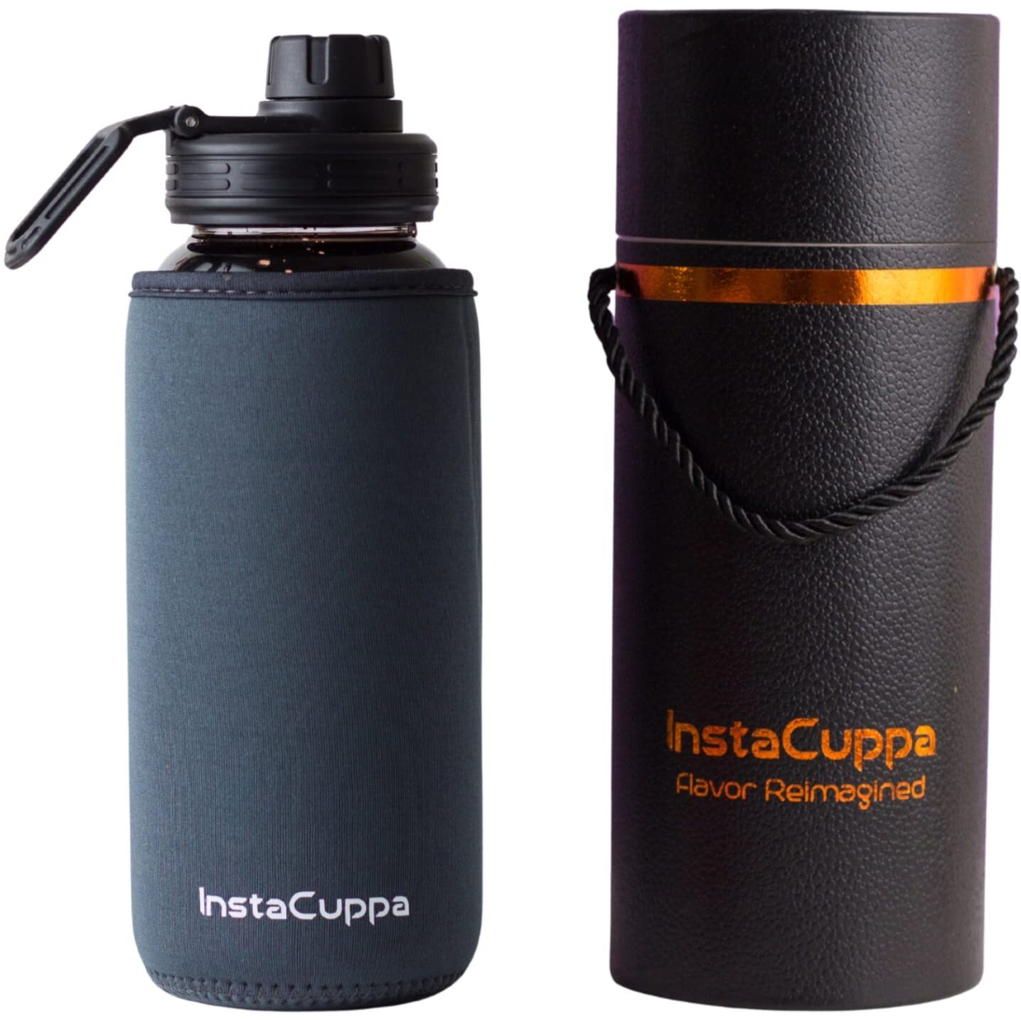 Instacuppa Borosilicate Glass Water Bottle With Innovative Time Markings, Bpa-Free, Wide Mouth Sports Sipper Lid With Carrying Loop, Dark Grey, 650 Ml
