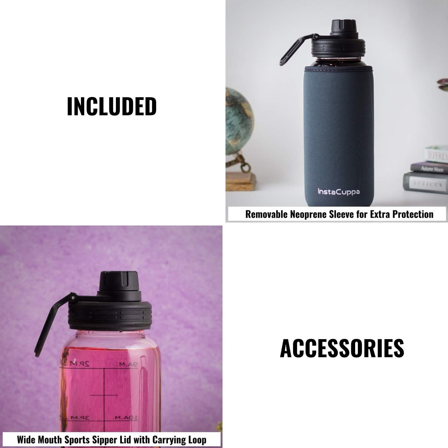 Instacuppa Borosilicate Glass Water Bottle With Innovative Time Markings, Bpa-Free, Wide Mouth Sports Sipper Lid With Carrying Loop, Dark Grey, 650 Ml