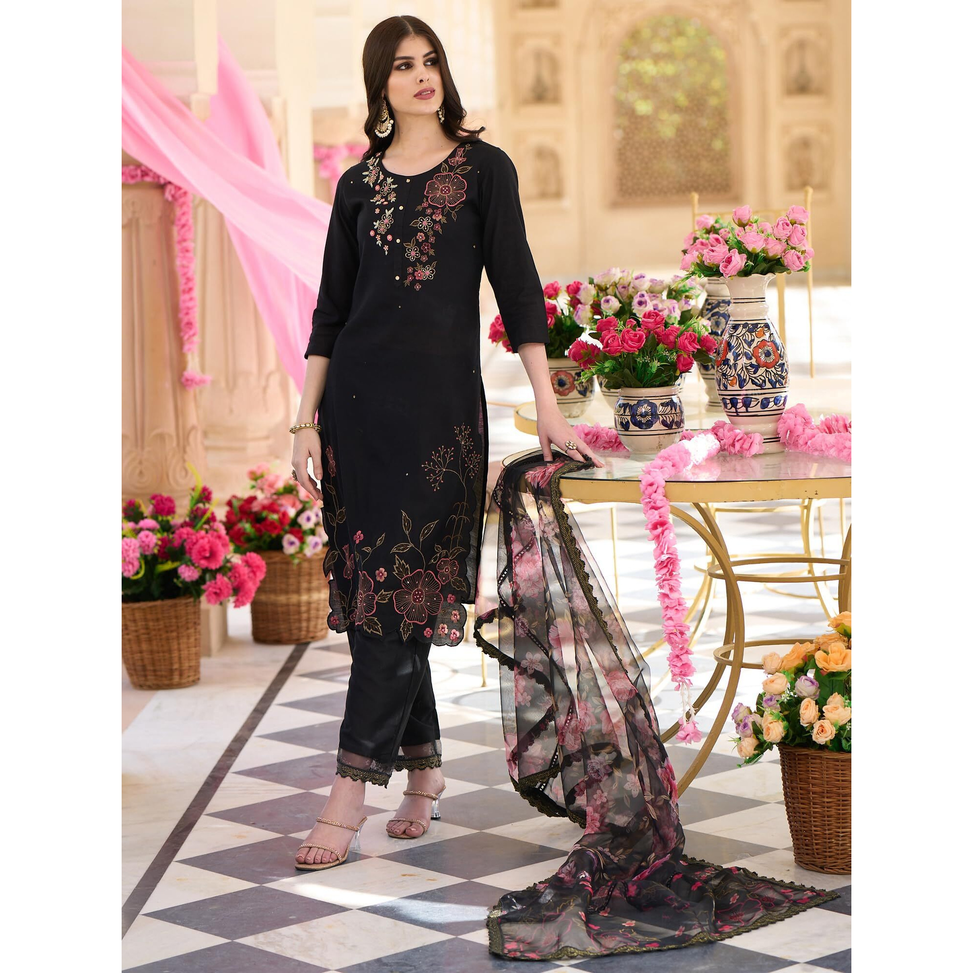Indo Era Women's Black Embroidered Silk Blend Straight Kurta Pant With Dupatta Set (Ieout7491_Xx-Large)