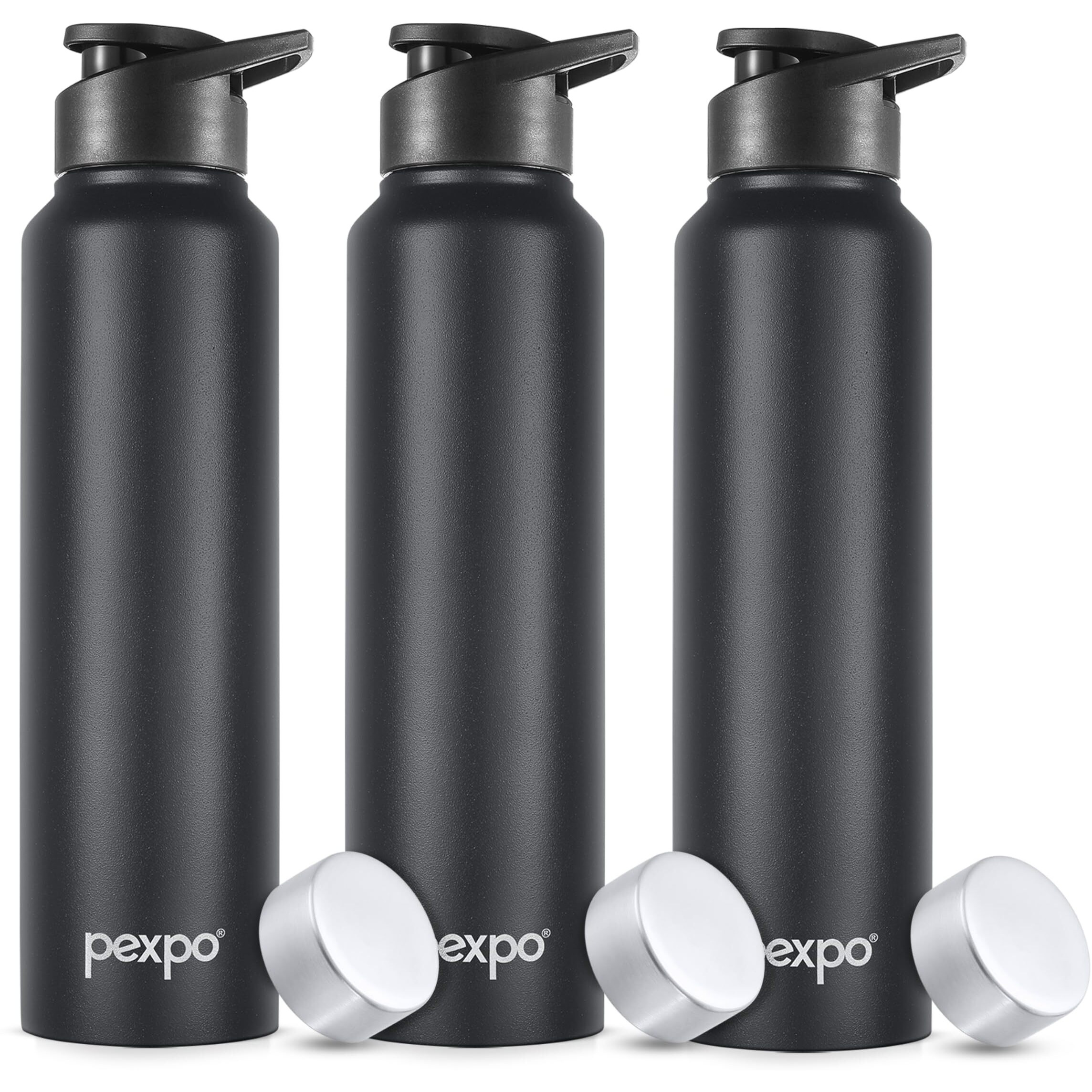 Pexpo Chromo Stainless Steel Sports/Fridge Water Bottle With Sipper & Steel Cap, 1 Litre, Knight Black Pack Of 3| Bpa Free | Water Bottle For Office, Gym, School, Yoga, Trekking, Adults & Kids