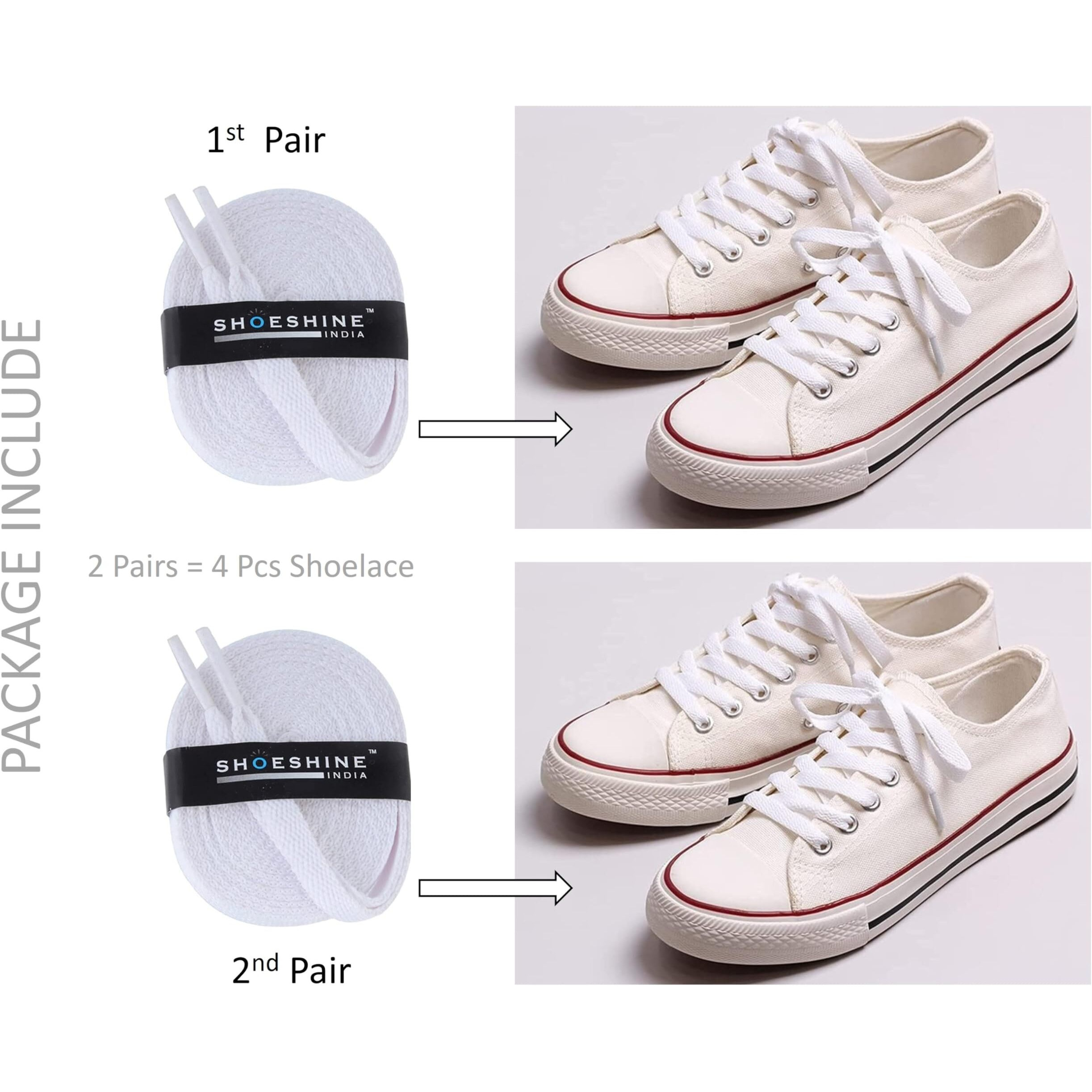 Shoeshine White Shoe Lace For Sports Shoes And Sneakers Flat Shoe Strings For Gym Shoes And Running Shoes -90Cm (Pack Of 2 Pairs) 4 Piece Shoe Laces