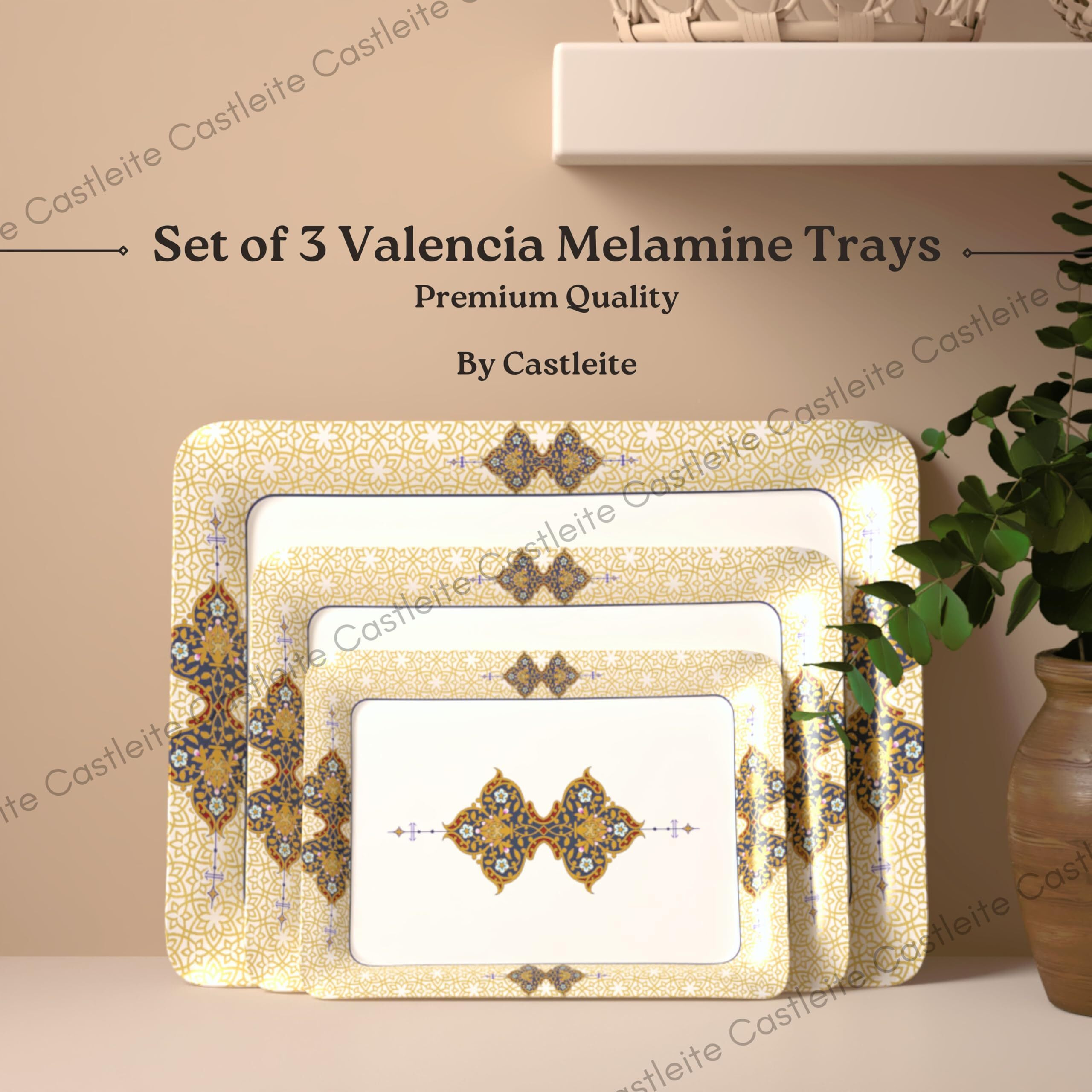 Castleite Valencia Series Melamine Trays Set Of 3 With Handles For Serving Snacks Or Tea  A Designer Tray Medley For Home Or Cafe Use (Beyla)