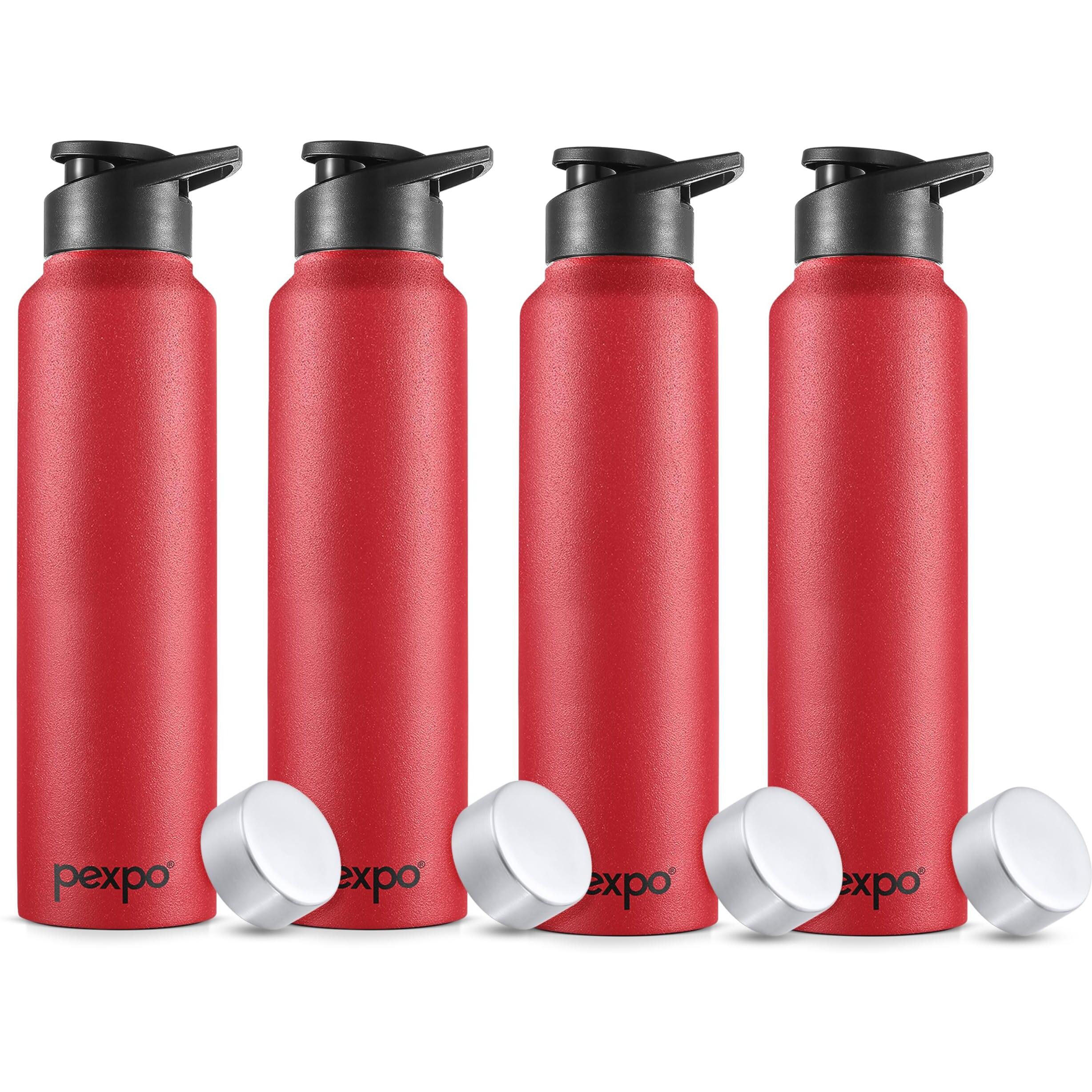 Pexpo Chromo Stainless Steel Sports/Fridge Water Bottle With Sipper & Steel Cap, 1 Litre, Crimson Red, Pack Of 4|Eco Friendly|Bpa Free| Office, Gym, School, Yoga, Trekking, Adults/Kids
