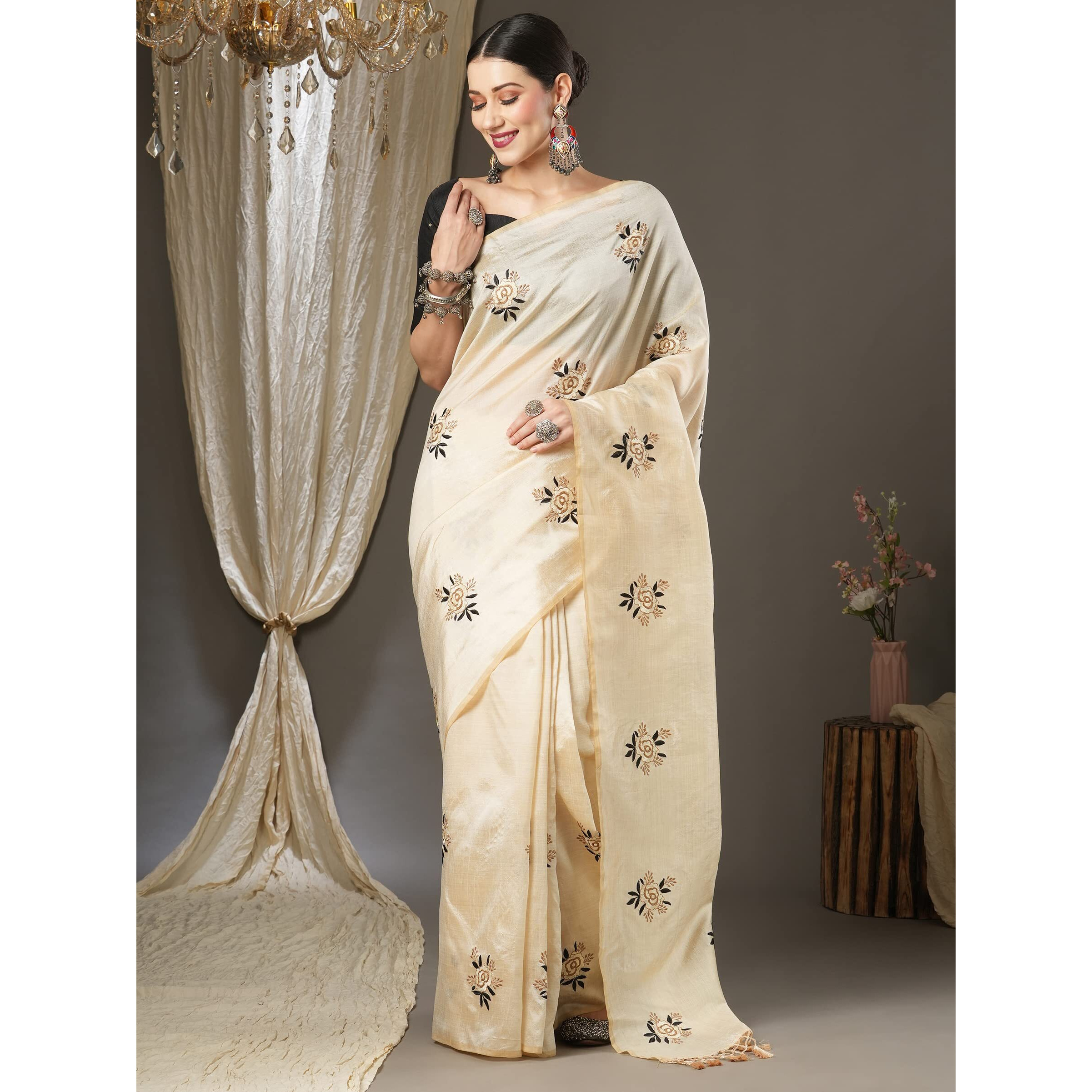 Akhilam Women's Embroidered Silk Blend Banarasi Saree With Unstitched Blouse Piece (Cream_6Kavi602)