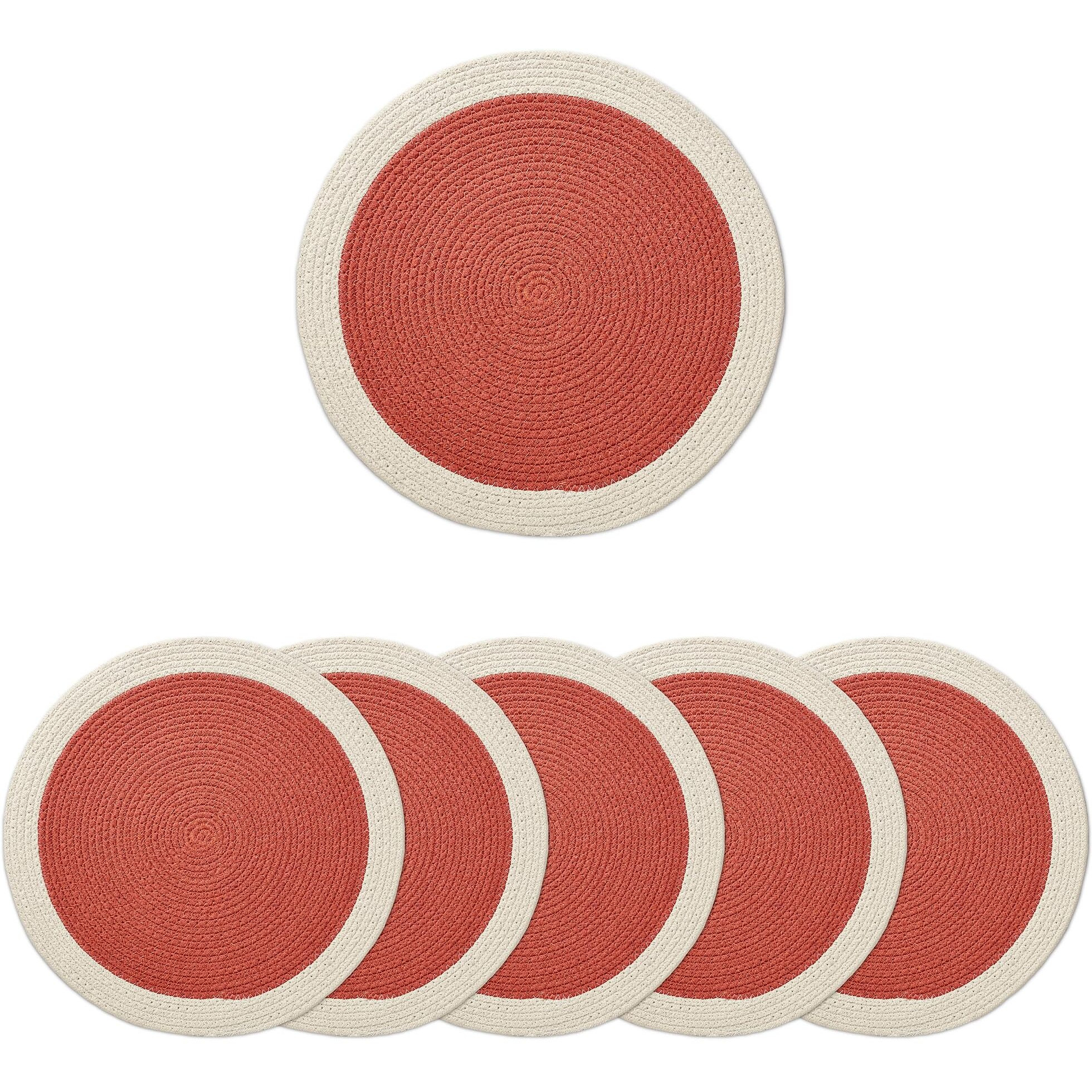 Encasa Xo Dining Table Mats Set Of 6 | Cotton Round Placemat - 33 Cm Diameter | Coral & Off White | Handmade Rib Style