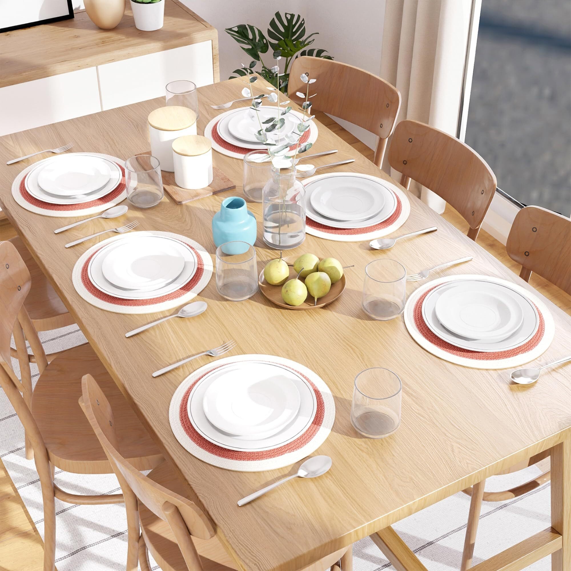 Encasa Xo Dining Table Mats Set Of 6 | Cotton Round Placemat - 33 Cm Diameter | Coral & Off White | Handmade Rib Style
