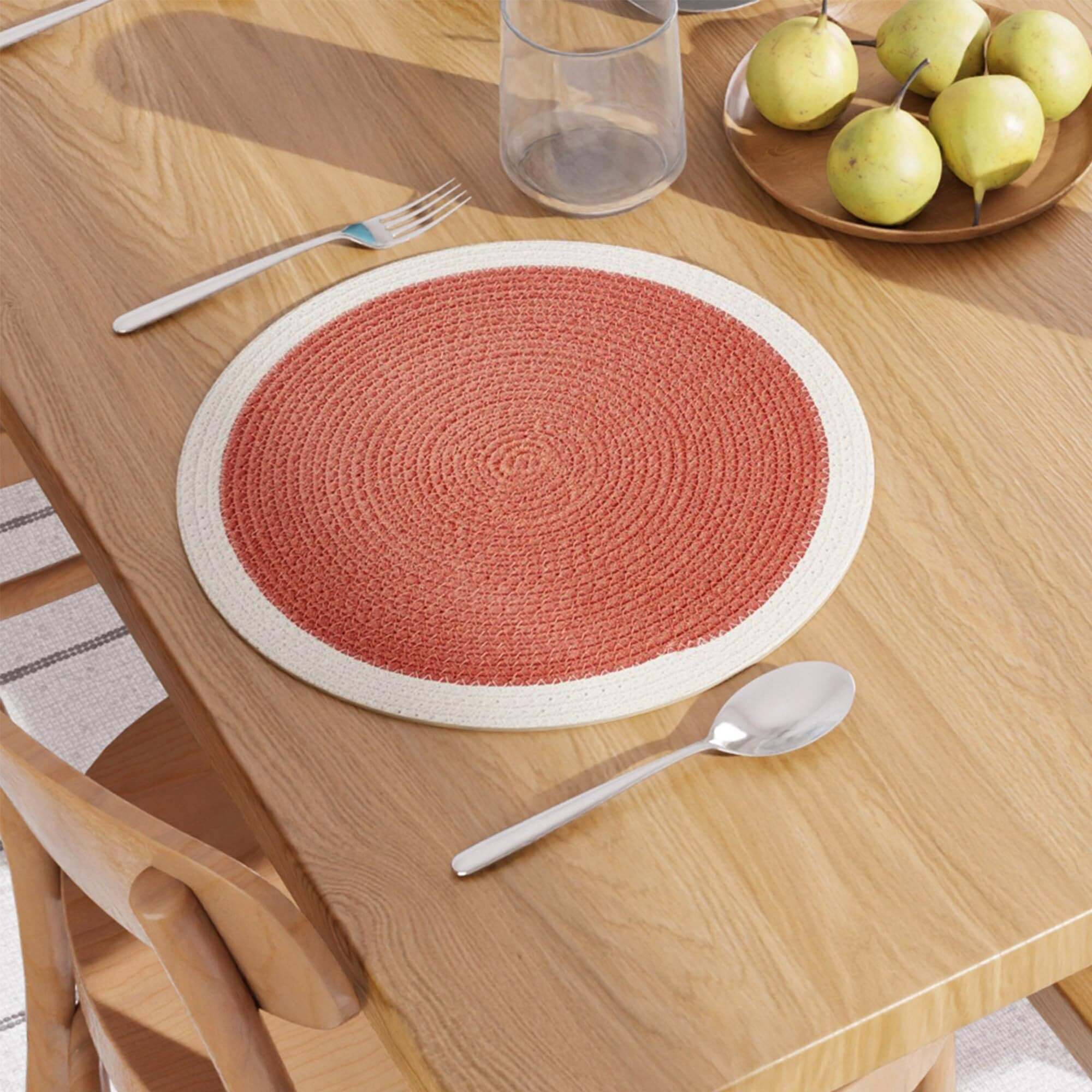 Encasa Xo Dining Table Mats Set Of 6 | Cotton Round Placemat - 33 Cm Diameter | Coral & Off White | Handmade Rib Style