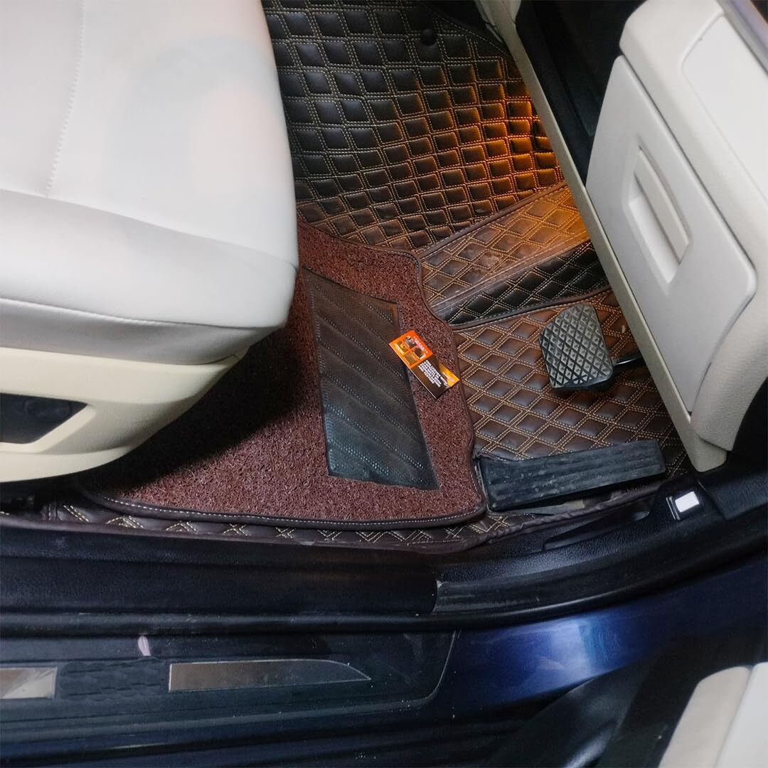 Capedell Ultra Premium 7D Car Floor Mats Compatible For Carnival Limousine Plus 2024||Luxury Leather Double Layered Mat||Set Of 4Pcs||Waterproof And Washable||Color -Coffee With Golden(Coffee Grass)