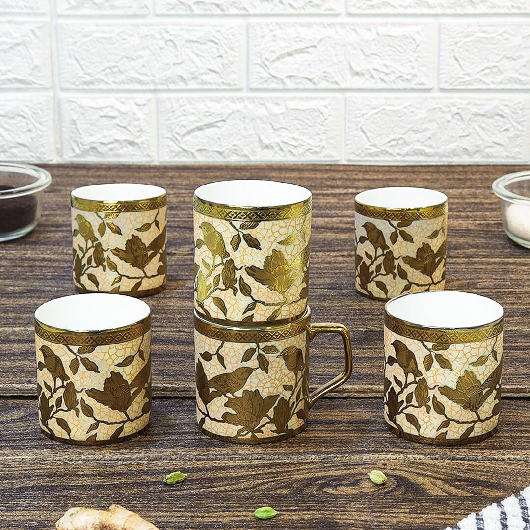 Femora Bone China Gloden Tea Cup (Weaver Love Glod), 160 Ml, Gold