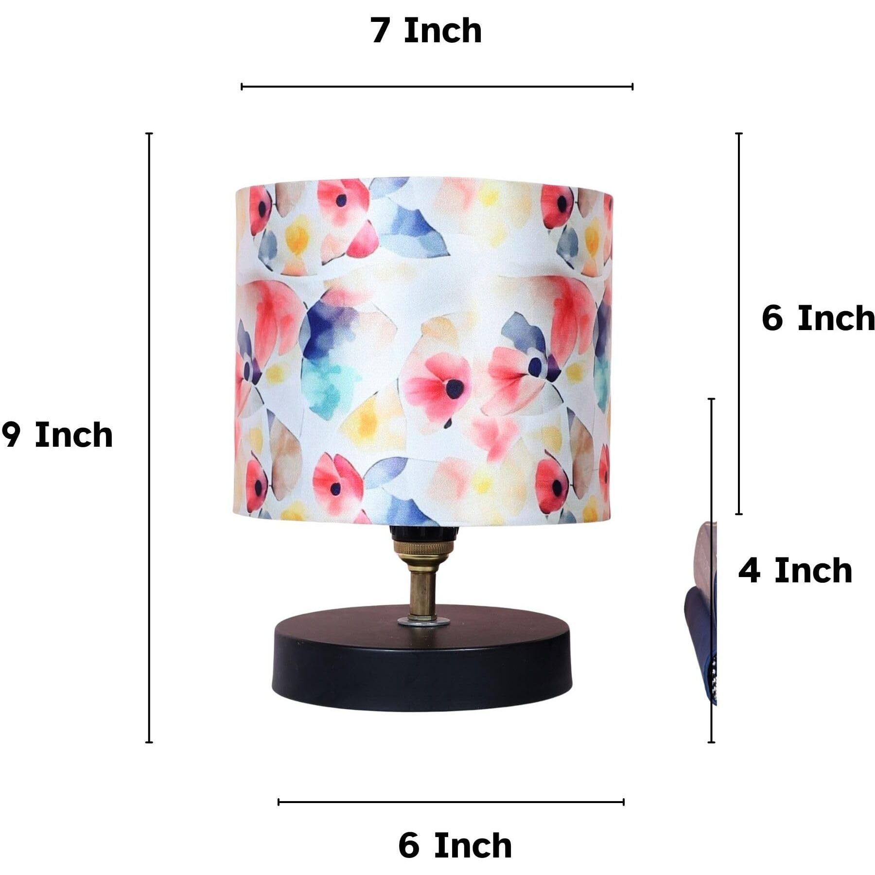 Tu Casa Black Metal Table Lamp For Home Decoration, Bedroom, Living Room, Lounge, Office, Festival Gifting, Study Table (Flower Print With Satin Shade) H - 9" / No Blub