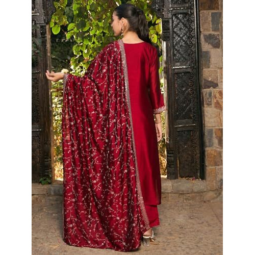 Indo Era Women's Embroidered Silk Blend Calf Length Straight Kurta & Pant With Dupatta Set (Kh9Mr6132_Xx-Large)