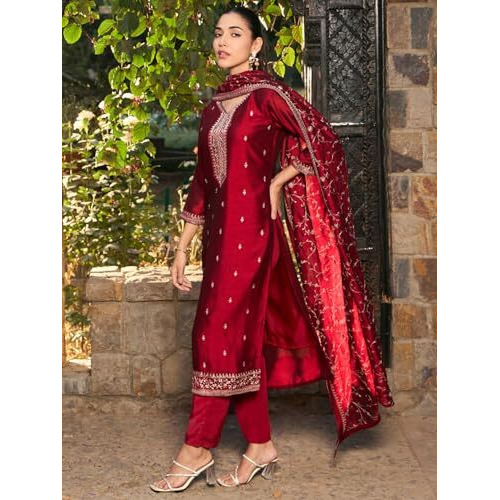 Indo Era Women's Embroidered Silk Blend Calf Length Straight Kurta & Pant With Dupatta Set (Kh9Mr6132_Xx-Large)