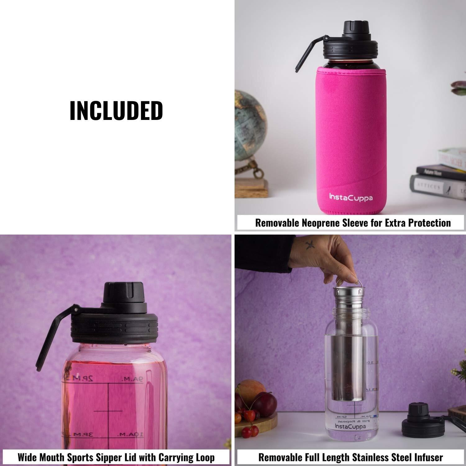 Instacuppa Borosilicate Glass Water Bottle 1000 Ml With Full Length Stainless Steel Infuser, Fruit Infused Detox Recipes Ebook, Time Markings, Sports Sipper Lid, Removable Neoprene Sleeve,Pink