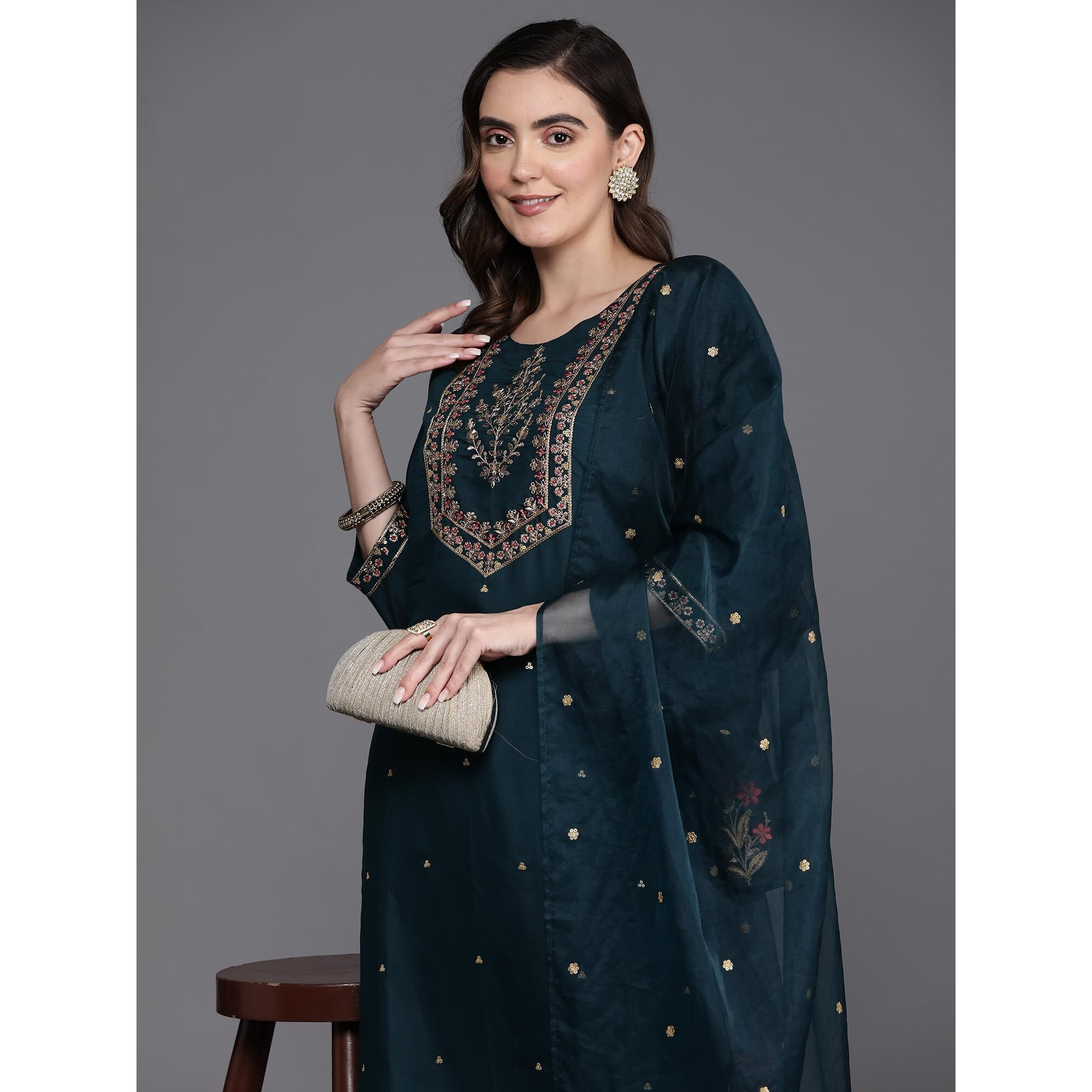Indo Era Blue Straight Embroidered Kurta Trouser With Dupatta Set For Women (Kh9Bl7196_X-Small)