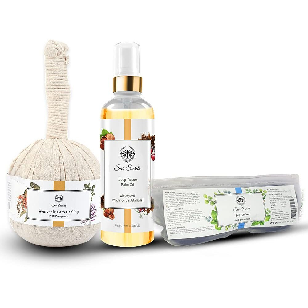 Seer Secrets 100% Natural Healing Pack Of Ayurvedic Healing Potli Compress & Tissue Balm Body Relax Oil & Eye Mask Socket Potli | Joints & Muscles Relaxation Combo