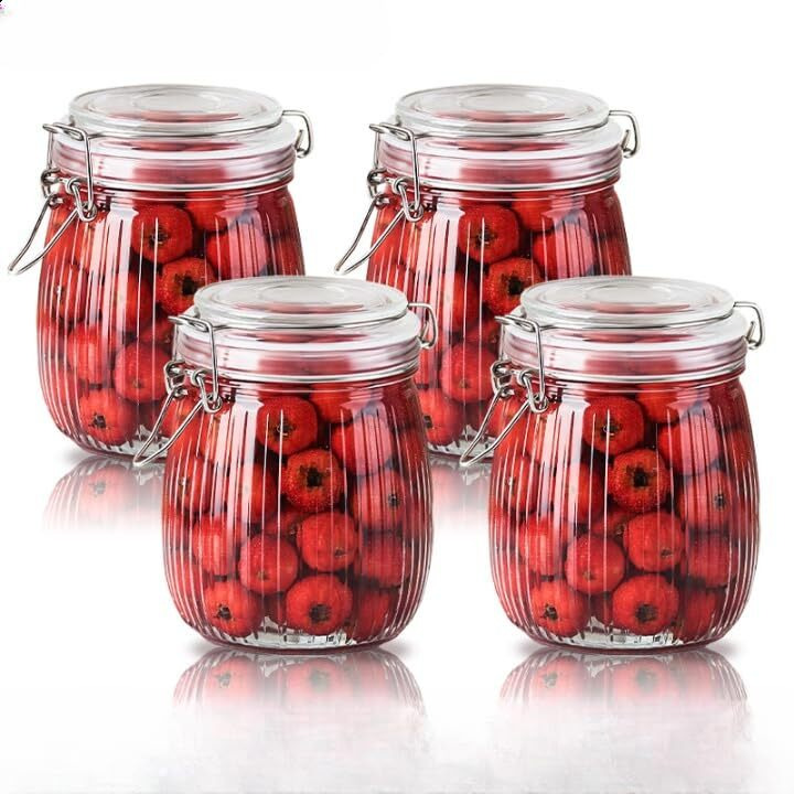 Ash & Roh Airtight Transparent Storage Jar With Rubber Seal Lid And Clip Lock - Perfect For Kitchen Canning, Fermenting, And Storing Dry Food, Spices, Tea, Snacks, Sugar, And More (Pack Of 4, 750 Ml)