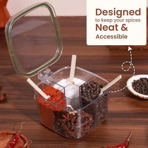 Homeessentials 4 Compartments Sealed Seasoning Box - Masala Box For Kitchen | Plastic Spice Container | Leak Proof And Reusable For Nuts, Grain And Spices, Kitchen Organizers And Storage (Pack Of 1)