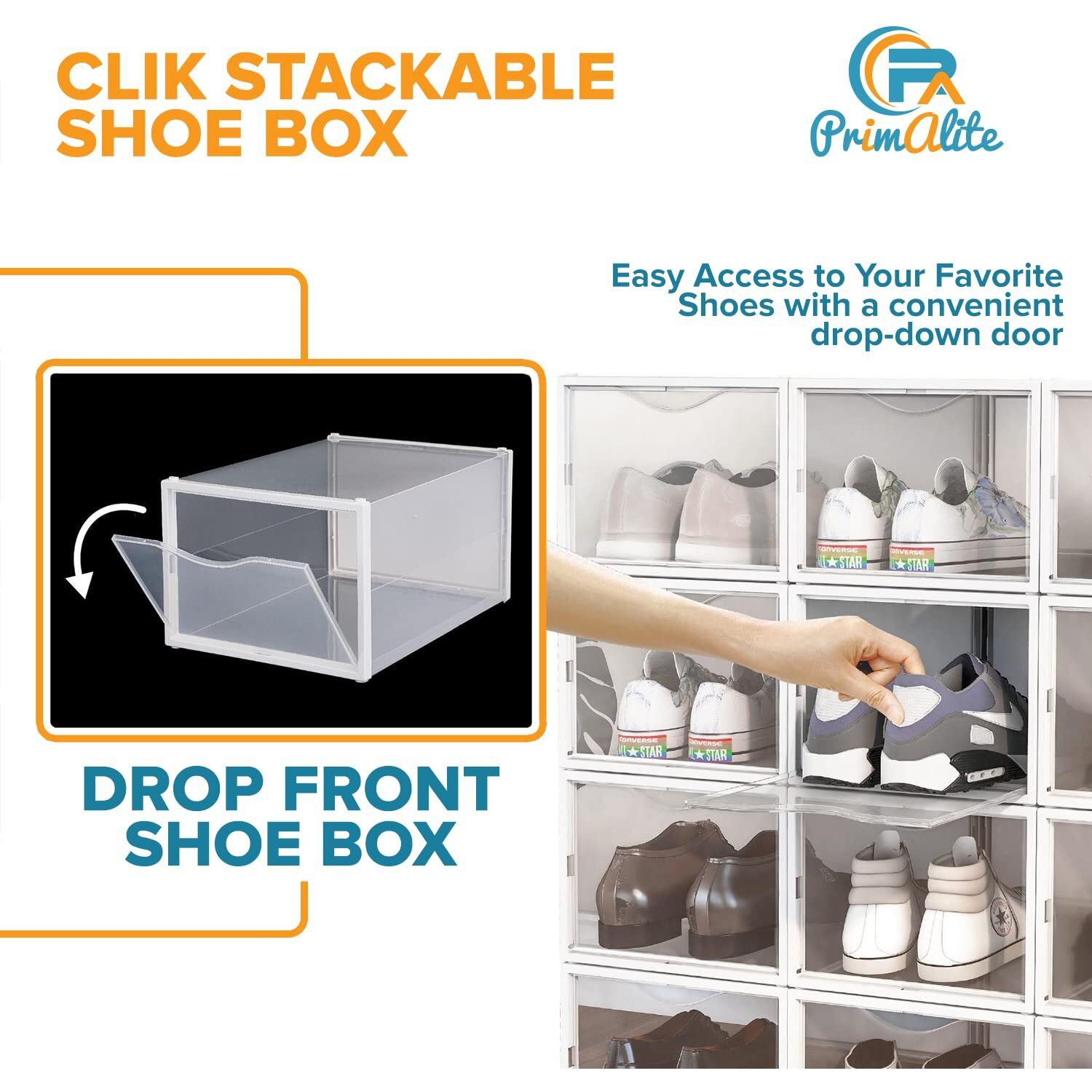 Primalite Drop Front Clik Stackable Shoe Storage Box- 12 Pack,Clear Plastic Rectangular Foldable Rack Stand Container For Closet|Heels,High Tops,Sneakers,Sports Shoes-Upto Uk 11.5|Us 12,35X25X19Cm