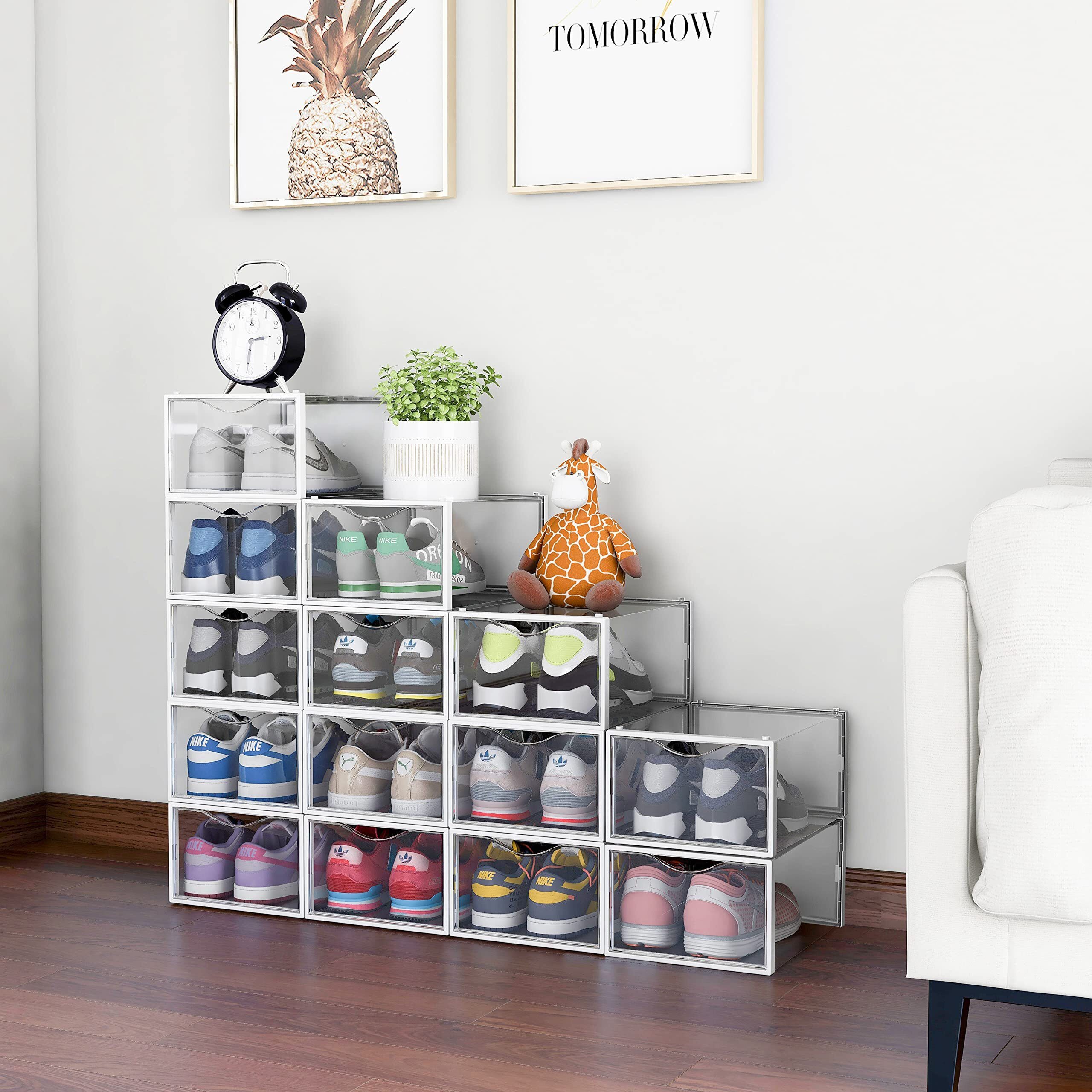 Primalite Drop Front Clik Stackable Shoe Storage Box- 12 Pack,Clear Plastic Rectangular Foldable Rack Stand Container For Closet|Heels,High Tops,Sneakers,Sports Shoes-Upto Uk 11.5|Us 12,35X25X19Cm