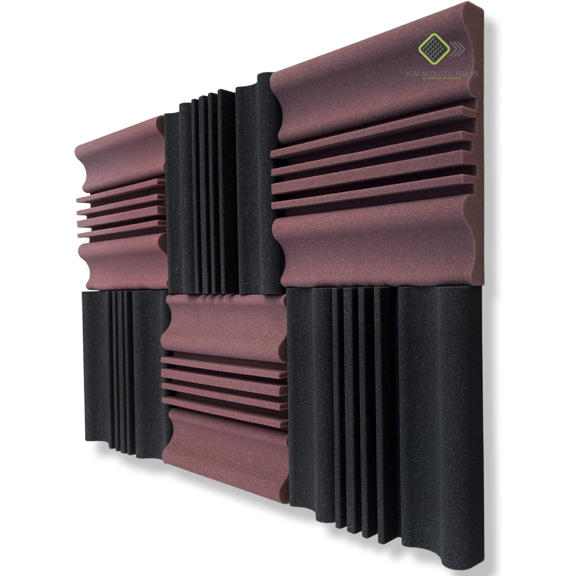 Ygm Acoustic Foams Wave Diffuser Premium Studio Absorption Foam Wall Panel - Pack Of 6, Coffee (Brown)+ Black, 12'' X 12'' X 2'' Broadband Sound Absorber - Periodic Groove Structure