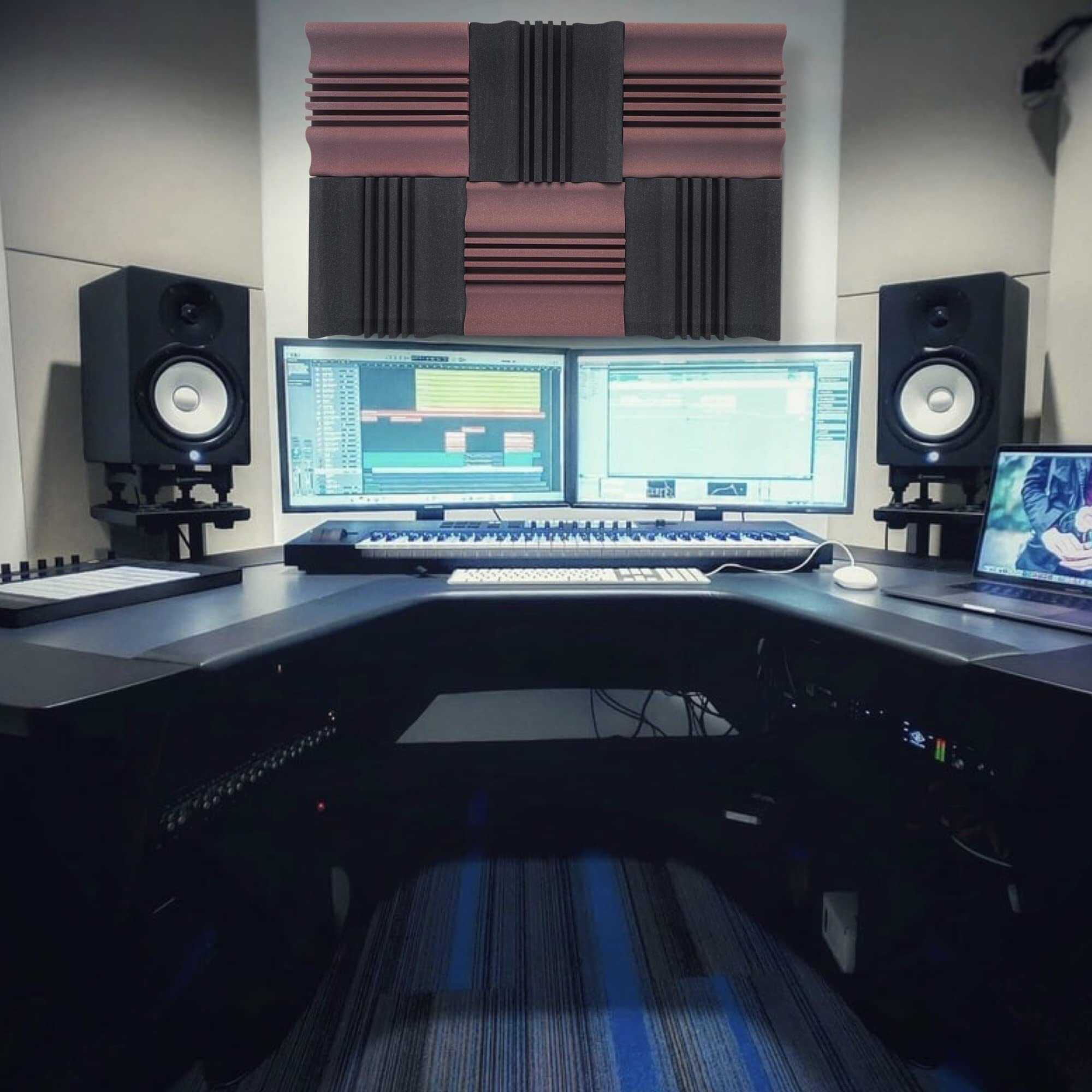 Ygm Acoustic Foams Wave Diffuser Premium Studio Absorption Foam Wall Panel - Pack Of 6, Coffee (Brown)+ Black, 12'' X 12'' X 2'' Broadband Sound Absorber - Periodic Groove Structure