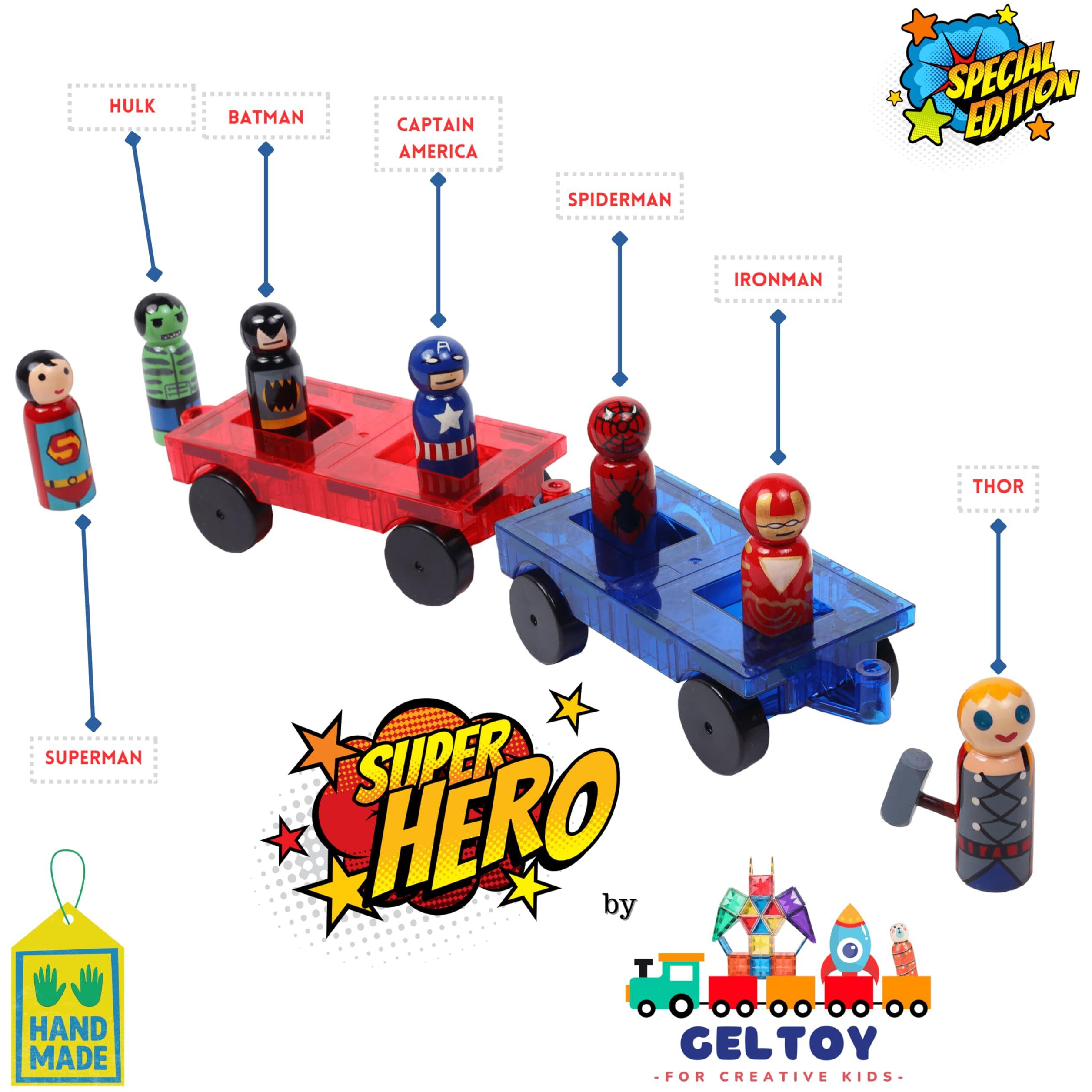 Geltiles Superheroes Magnetic Tiles Special 2 Cartwheel Cars With 7 Wooden Building Blocks Unique Super Heros Dolls, Handmade, Made In India Toy For Kids Gifting Motor Play Set (9 Pcs Superheroes)