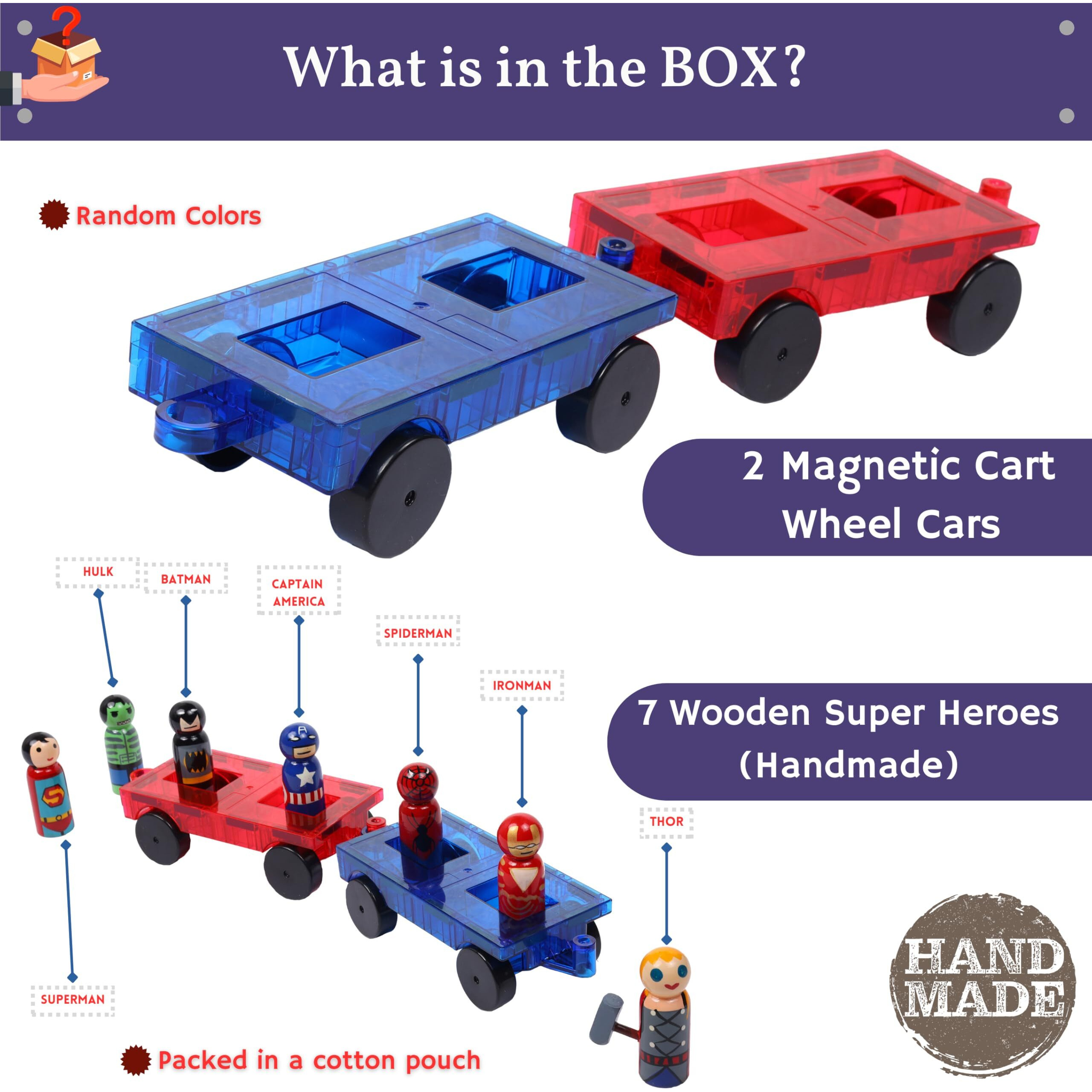 Geltiles Superheroes Magnetic Tiles Special 2 Cartwheel Cars With 7 Wooden Building Blocks Unique Super Heros Dolls, Handmade, Made In India Toy For Kids Gifting Motor Play Set (9 Pcs Superheroes)