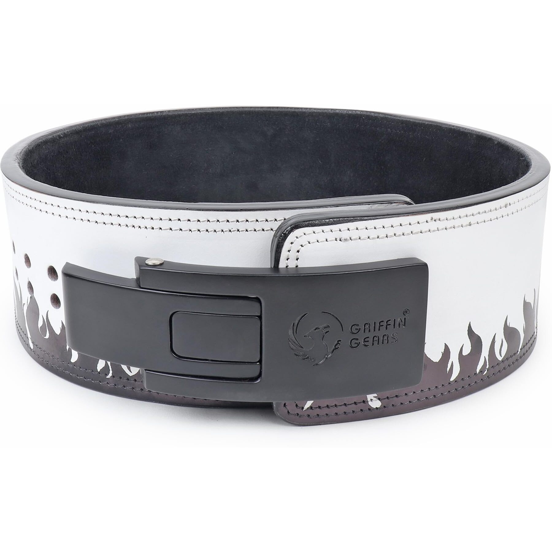 Griffin Gears Powerlifting Lever Gym Black Buckle With White & Black Power 13Mm Extreme Heavy Duty Genuine Leather Belts-Squats Deadlifts Bodybuilding Weight Lifting For Men & Women (L-36"- 47")